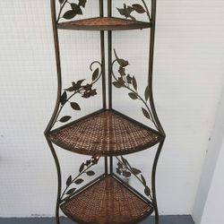 Gorgeously Detailed Metal And Rattan Corner Shelf 