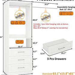 🥨Closet System, 2FT Closet Organize System with 3 Wooden Drawers, 2 Hanging Rods & Shelf, Small Walk in Closet System Storage, Modular Closet System