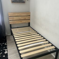 Twin Bed Wood And Metal With Bamboo Mattress