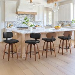 Swivel Counter Height Bar Stools Set of 2, 26" Upholstered Seat Barstools with Back Walnut Wood Legs, PU Leather Bar Stools, Black