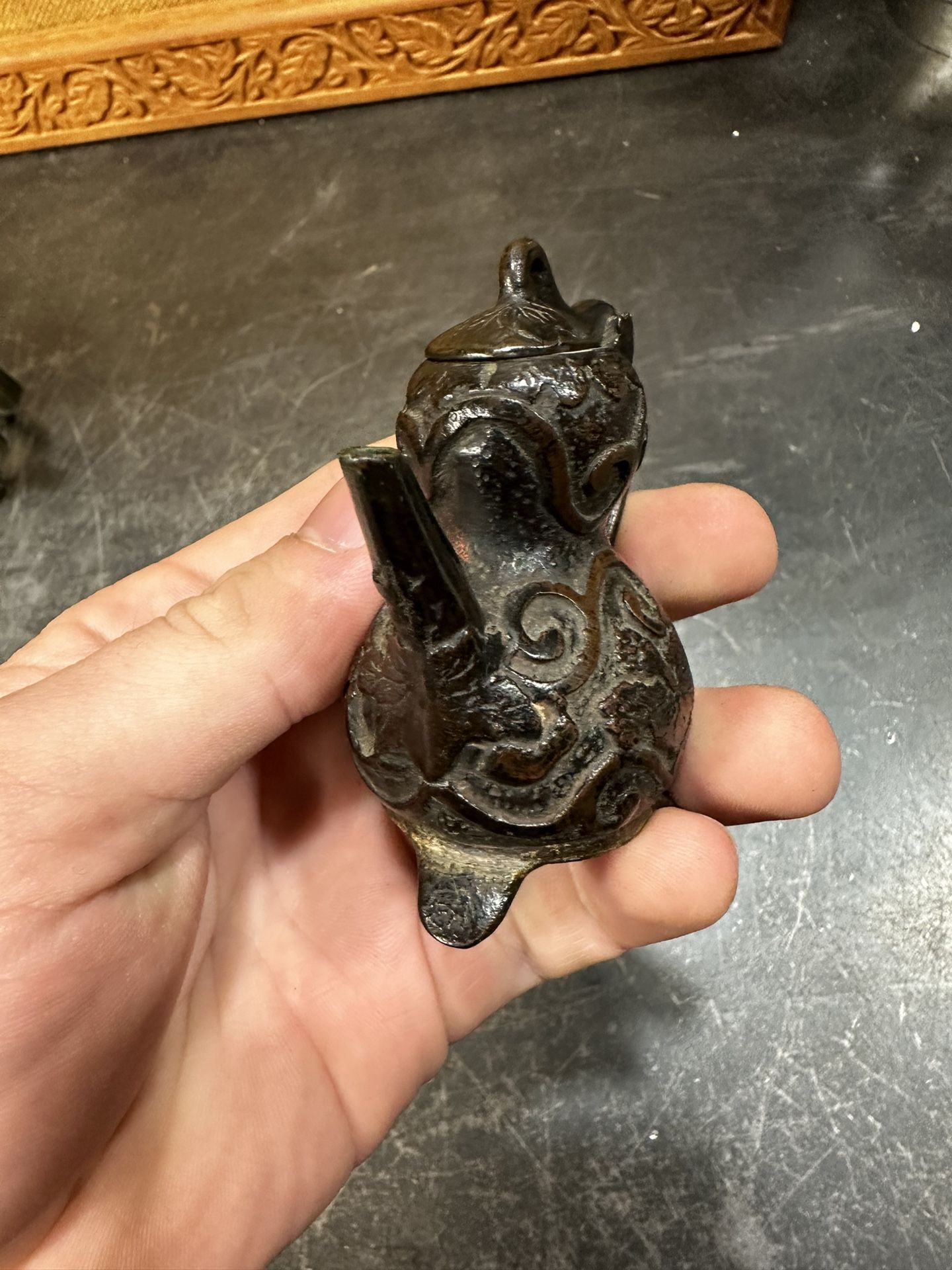 Chinese Republic miniature Teapot bronze water dropper Scholar Gourd Garlic Head