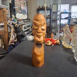 Vintage Hand-carved Solid Light Hardwood Bust Sculpture W/Long Neck Primitive Folk Art Figurine 9.5" Tall