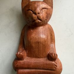 Wood Hand Carved Yoga Cat , Meditation Cat Approx 6.5” t x 4” w