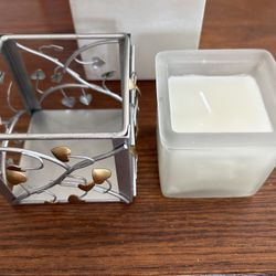 Hallmark Candle Frosted Glass In Silver Metal Holder With Gold Heart Vine