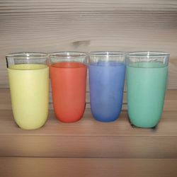 4 MCM Blendo 10oz Juice Tumblers USA WV Glass Co Red~Blue~Green~Yellow