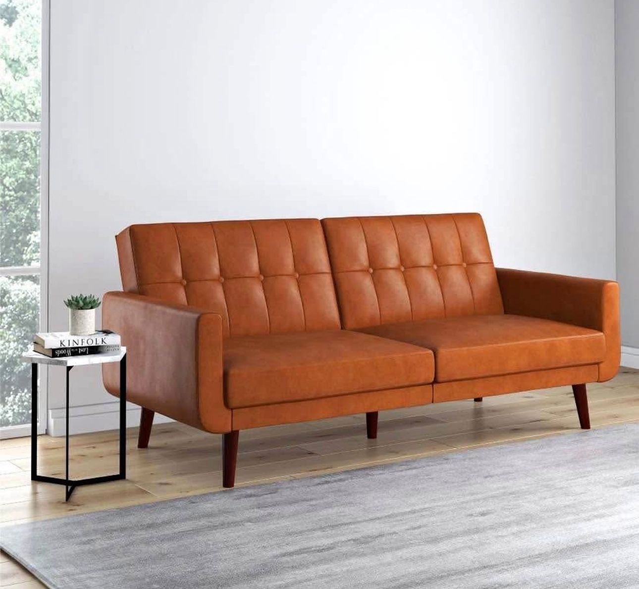 Modern Futon, Camel Faux Leather
