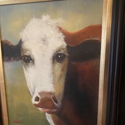 Ray Simonini "Shirley" Brown and White Cow Farm Oil Painting on Canvas