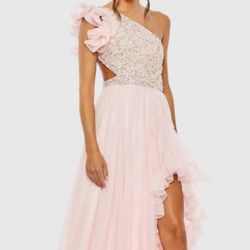 MAC DUGGAL Ruffled One-Shoulder Embellished Lace-Up Gown-Size 6