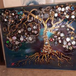 TIME'S A WASTIN', TREE OF TIME, Resin pour over 45 Watches, jewelry, glass and painted framed canvas