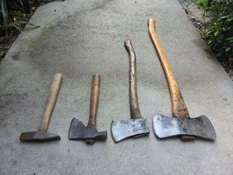 4 axe collection, double bit 36" axe, 24" felling chopper axe, 12" hatchet hammer , 12"chipper hand tool. Vintage wood cutting tools.