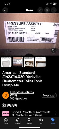 American Standard 4142.016.020 Yorkville Flushometer Toilet Tank Complete