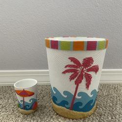 Ceramic Beach Themed Trashcan And Toothbrush Holder