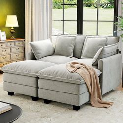 58" Cloud Couch Sectional Modular Sofa, Deep Seat Couches with Ottoman and Removable Washable Pillows for Living Room, Bedroom, Apartment, Light Grey 