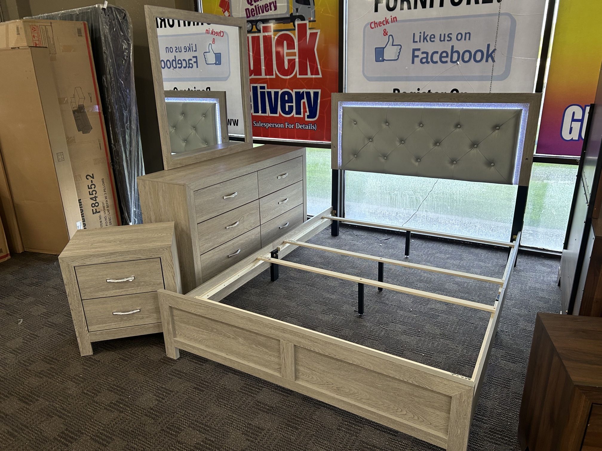 Silver Grey LED Queen Bed Set