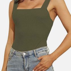 Women Square Neck Tank BodySuit Backless Sleeveless (Size XL)
