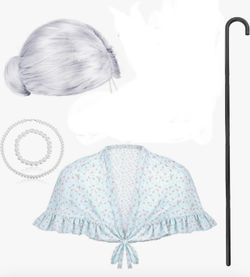 100 Days of School Costume Old Lady Costume for Kids Granny Wig Shawl Grandma Outifits with Glasses and Accessories
