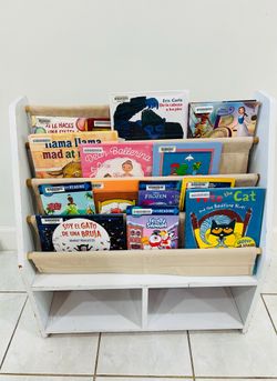 Childrens sling bookshelf with storage cubbies