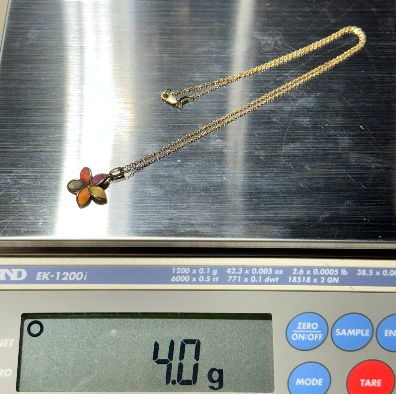 Jewelry 14k yellow gold flower multi color stone pendant chain necklace  17.25” 1.00mm