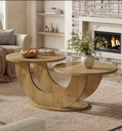 45.3" Round Wood Coffee Tables for Living Room, 2-Tier U-Shaped Farmhouse Center Table, Double Tabletop - Light Oak
