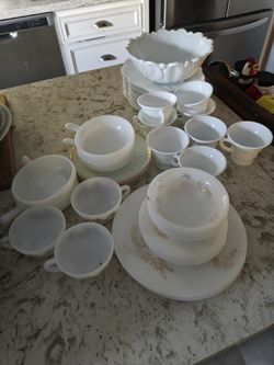 Pure White And White And Gold Plates, Saucers, Cups, Soup Bowls