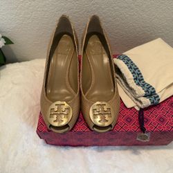 Tory Burch Sally Python Peep Toe Wedge 