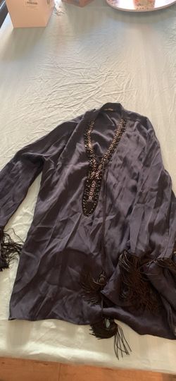 Dark Purple Satin Blouse with Fringe Cuffs