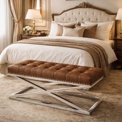 44” Brown Leathertech Tufted Bench w/ Modern Chrome Legs [NEW] <NO ASSEMBLY REQ>