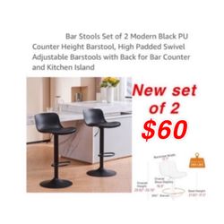 New Bar Stools Set of 2 Modern Black PU Counter Height Barstool, High Padded Swivel Adjustable Barstools with Back for Bar Counter $60