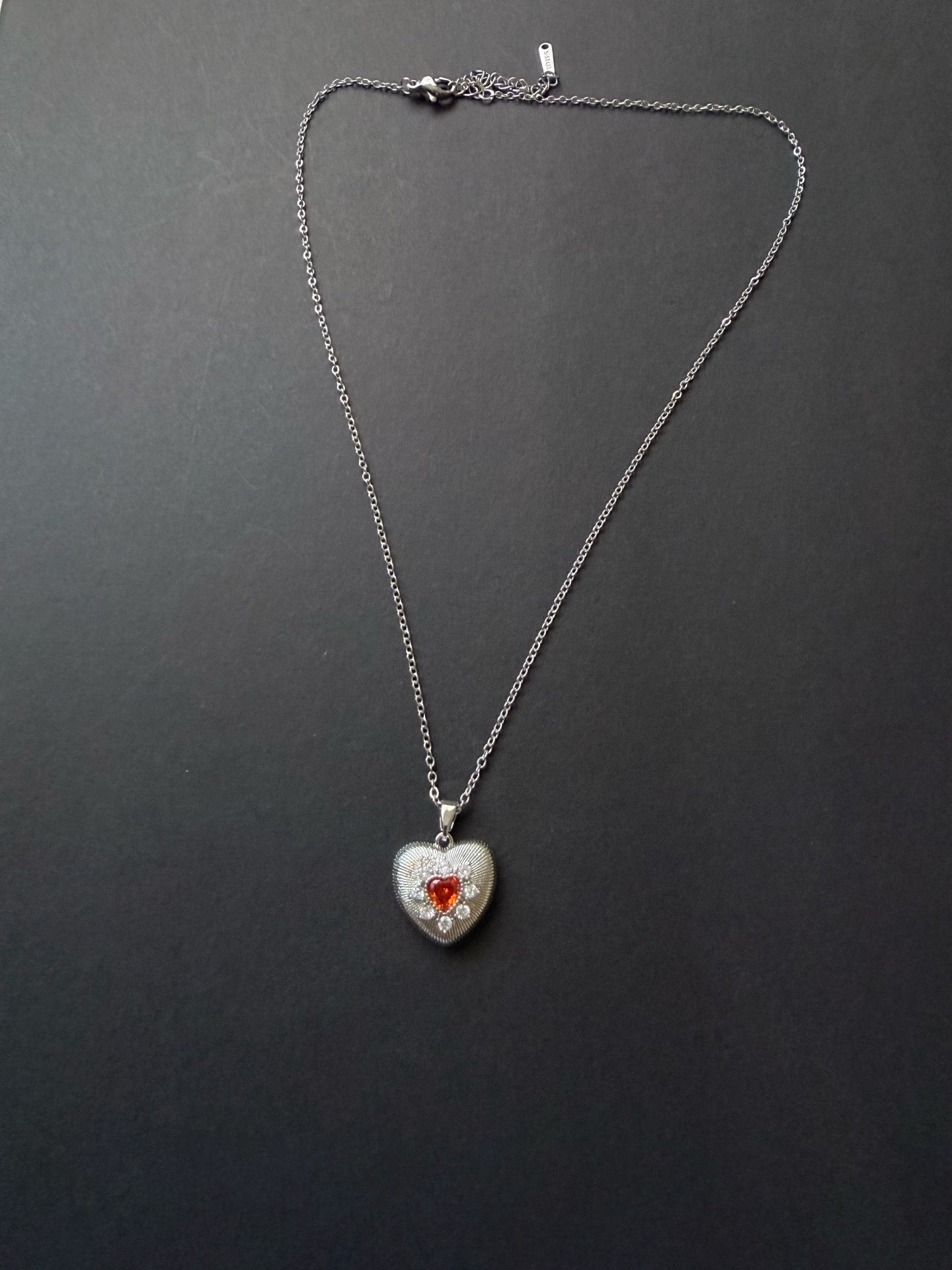 Silver Heart Pendant Necklace Red Zircon Charm Stainless Steel Chain Minimal Style
