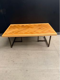 Herringbone Parquet Oak Coffee Table Bronze Metal Base | 44" Modern Industrial