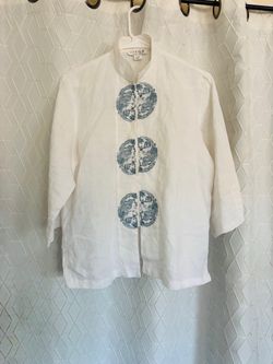 Citron White Linen Jacket with Blue Embroidery
