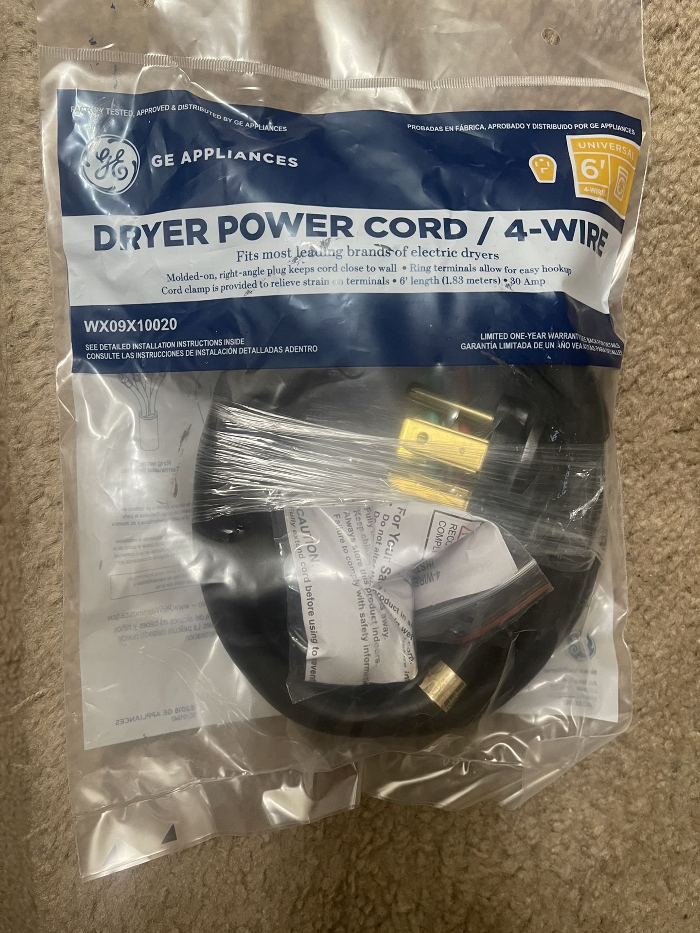 Dryer Power Cord 4 Wire 30 Amp New!
