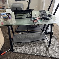 Desk, aoc monitor with mount to desk, keyboard with mouse