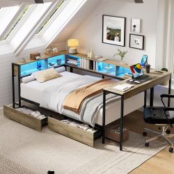 Varda Twin Size Corner Daybed with Drawers, LED Bookcases and USB Charging Station
