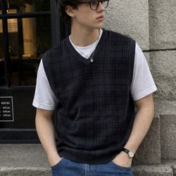 NWT Merona Men's Plaid Knit Sleeveless Acrylic Sweater Vest Black Gray V-Neck Size M