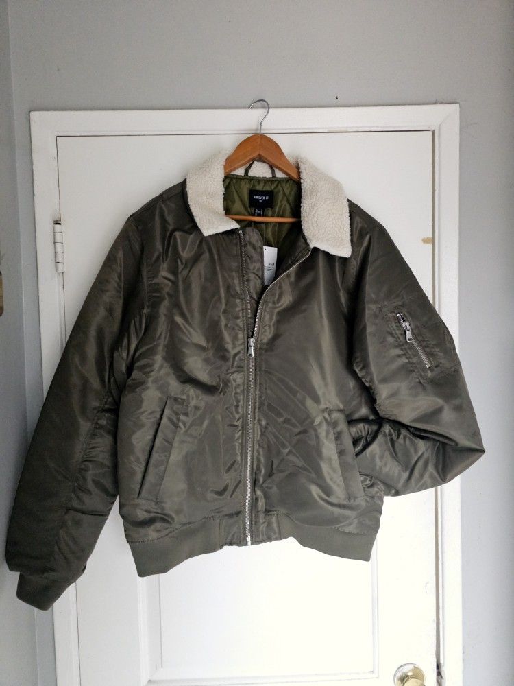 Men's Green Bomber Army Jacket Sherpa Large