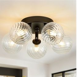 5 Lights Semi Flush Mount Ceiling Bubble Light Fixture Dia 12.6" Black Close to Ceiling Light Modern Swirled Clear Ribbed Blown Glass Ball Chandelier 