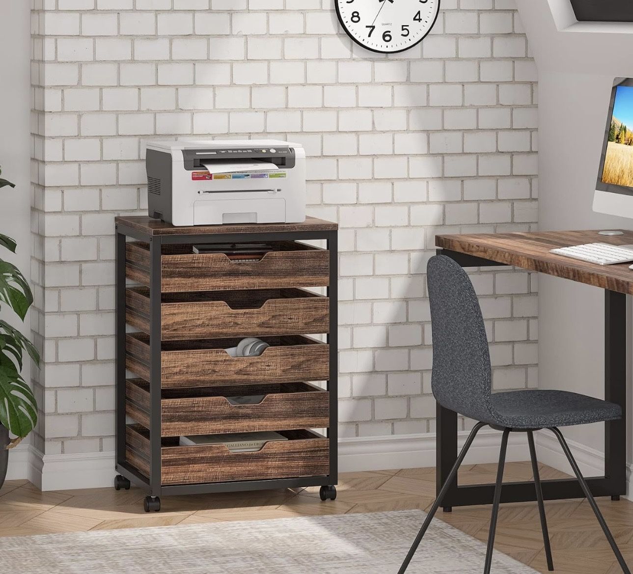 JW0906 new assembled Wood Storage Dresser Cabinet with Wheels 5 Drawer Chest, Wood Storage Dresser Cabinet with Wheels, Industrial Storage Drawer Orga