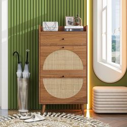 Natural Rattan Shoe Cabinet,Modern simple storage cabinet Japanese rattan Shoe cabinet,Freestanding Shoe Rack with Mirror Cabinet,for Entryway,Entranc