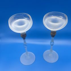 Set Of 2 Vintage Art Glass Tall Candle Holders Frosted 