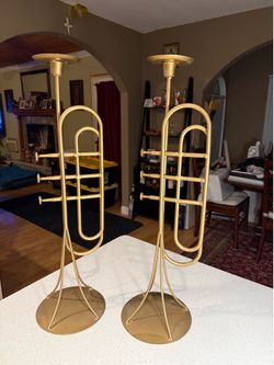 Vintage Trumpet Candlestick Holders – Gold Metal Brass Instrument Design – Pair