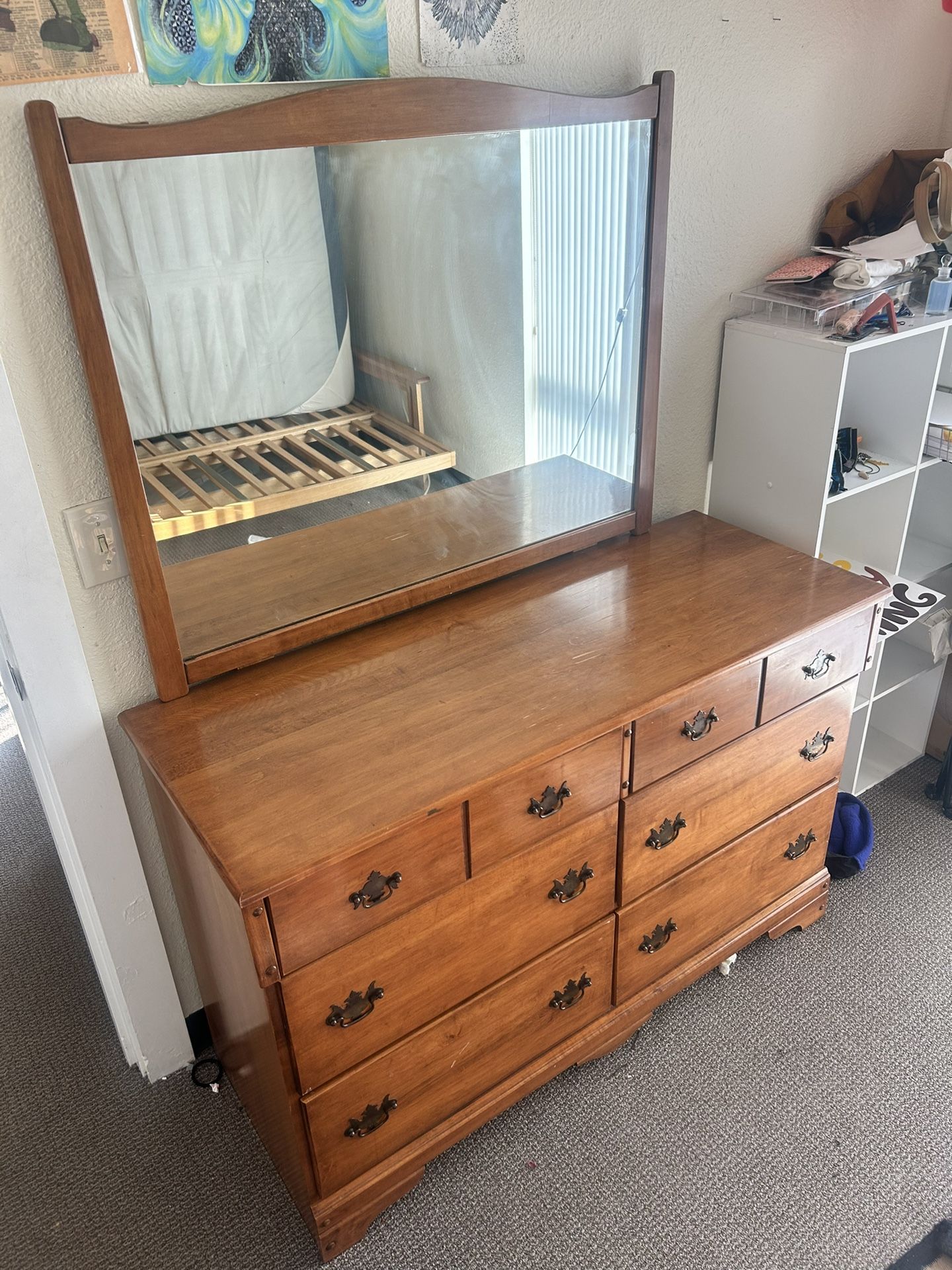 Solid Oak Wood Dresser with Mirror