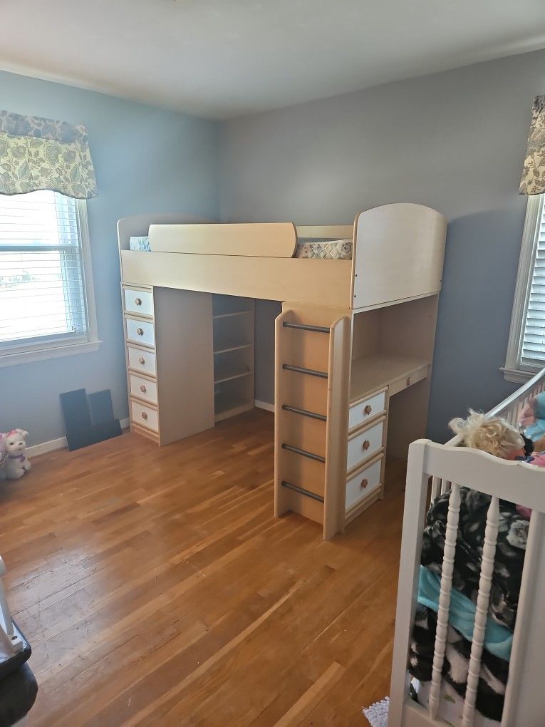 Bunk  Bed With Desk, Dresser And Book Shelf