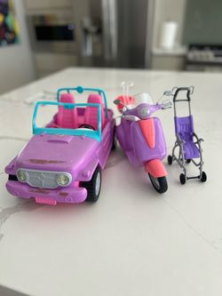 Barbie Vehicle Lot – DreamCamper RV + Jeep + Scooter + Stroller + Boat – $40