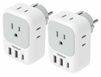 New TESSAN 2 Pack Type E F Plug Adapter USB C, Germany France Power Adaptor with 3 USB Charger Ports, 4 AC Outlets Travel Plug for US to Europe EU Spa