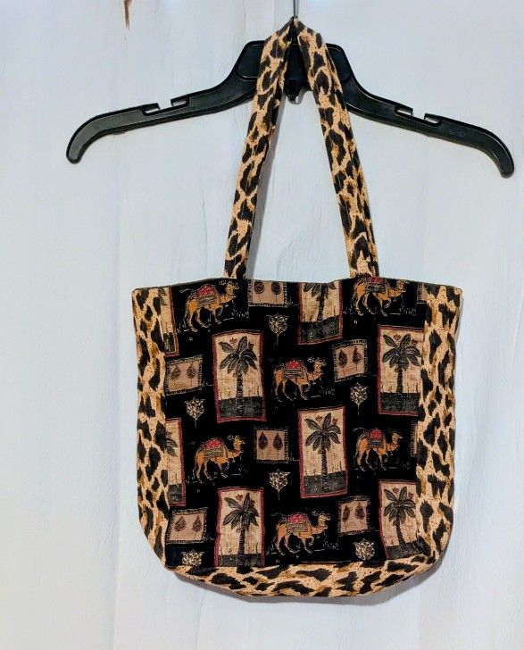 Bag Tote Leopard Print Palm Trees Camels Tote Reversible Handmade 11.5" x 12.5"