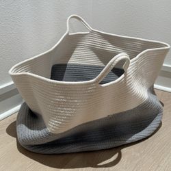 Large Woven Basket Cotton Rope Blanket Basket 55cm x 35cm | White & Grey Storage Basket Living Room Childrens Kids Nursery Toy Organizer