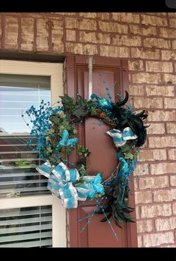 Teal Decorative Grapevine Wreath with Feathers