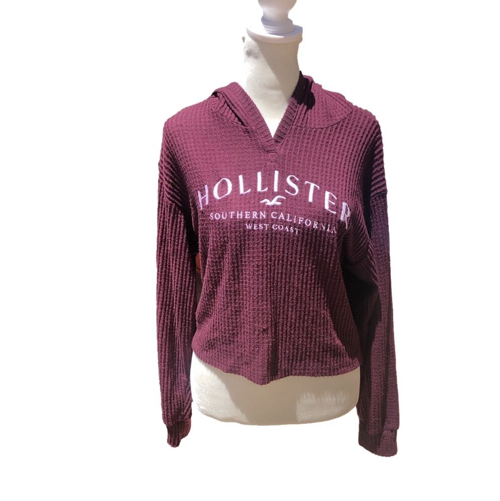 Hollister Maroon Waffle Knit Long Sleeve Pullover V-Neck Hoodie Sweater