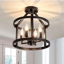 Metal Semi Flush Mount Ceiling Light Fixture 4 Candle Holder Matte Chandelier Farmhouse Ceiling Lamp for Dining Room Bedroom Kitchen Hallway Entryway（